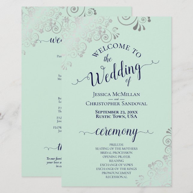 Silver Lace Mint & Navy Budget Hochzeitsprogramm (Vorne/Hinten)