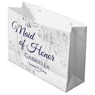 Silver Lace Navy auf White Trauzeugin Wedding Große Geschenktüte