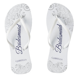 Silver Lace Navy Blue auf White Bridesmaid Wedding Flip Flops