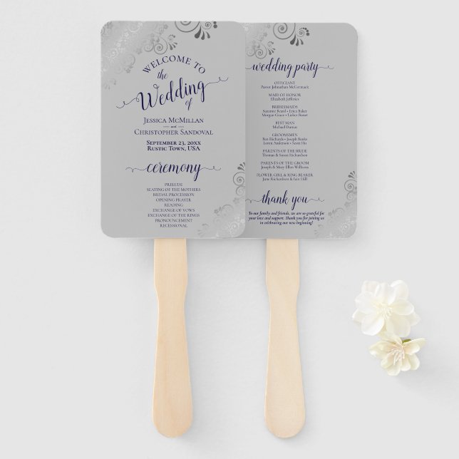 Silver Lace Navy Blue on Gray Chic Wedding Program Fächer (Vorne und Hinten)