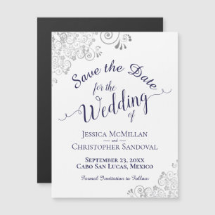 Silver Lace & Navy Blue Save the Date White Magnet