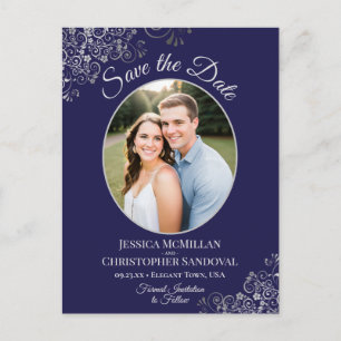 Silver Lace Navy Blue Wedding Save the Date Foto Ankündigungspostkarte