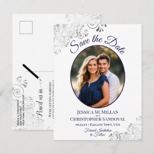 Silver Lace Navy White Wedding Save the Date Foto Ankündigungspostkarte