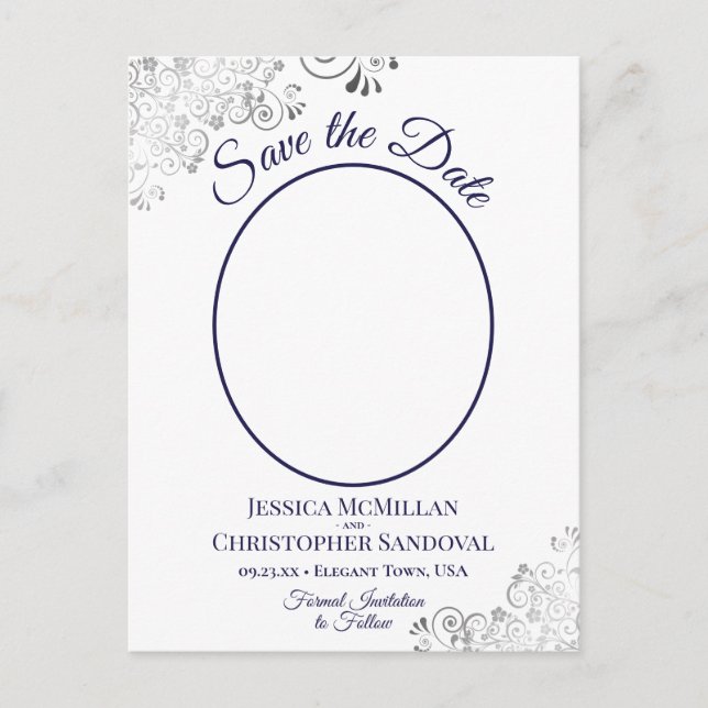Silver Lace Navy White Wedding Save the Date Foto Ankündigungspostkarte (Vorderseite)