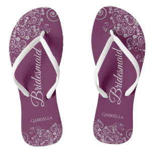 Silver Lace on Cassis Lila Bridesmaid Wedding Flip Flops