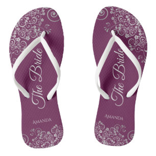 Silver Lace on Cassis Lila The Bride Wedding Flip Flops