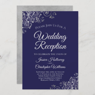 Silver Lace on Navy Blue Elegant Wedding Empfang Einladung