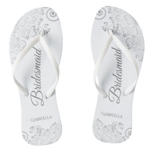 Silver Lace on White Elegante Bridesmaid Wedding Flip Flops