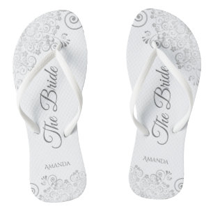 Silver Lace on White Elegante The Bride Wedding Flip Flops