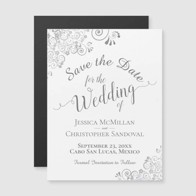 Silver Lace on White Wedding Save the Date Magnet (Vorne/Hinten)