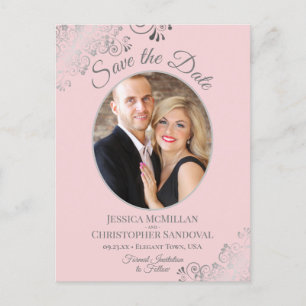 Silver Lace Pink Wedding Save the Date Oval Foto Ankündigungspostkarte