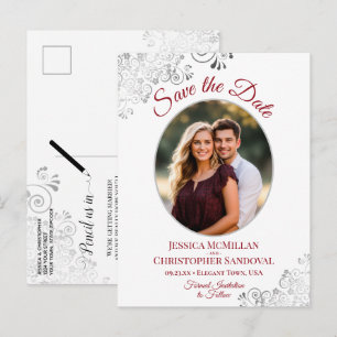 Silver Lace Red White Wedding Save the Date Foto Ankündigungspostkarte