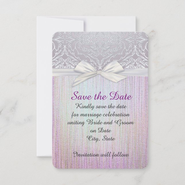 Silver Lace Ribbon Lavendel Pastel Save the Date (Vorderseite)