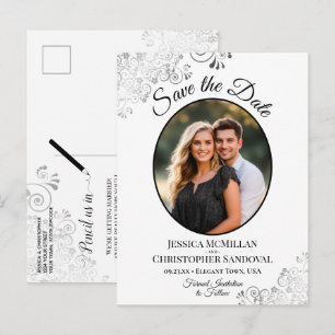 Silver Lace White Wedding Save the Date Oval Foto Ankündigungspostkarte