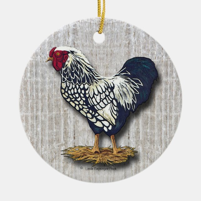 Silver Laced Wyandotte Rooster Light Barnboards Keramik Ornament (Vorne)