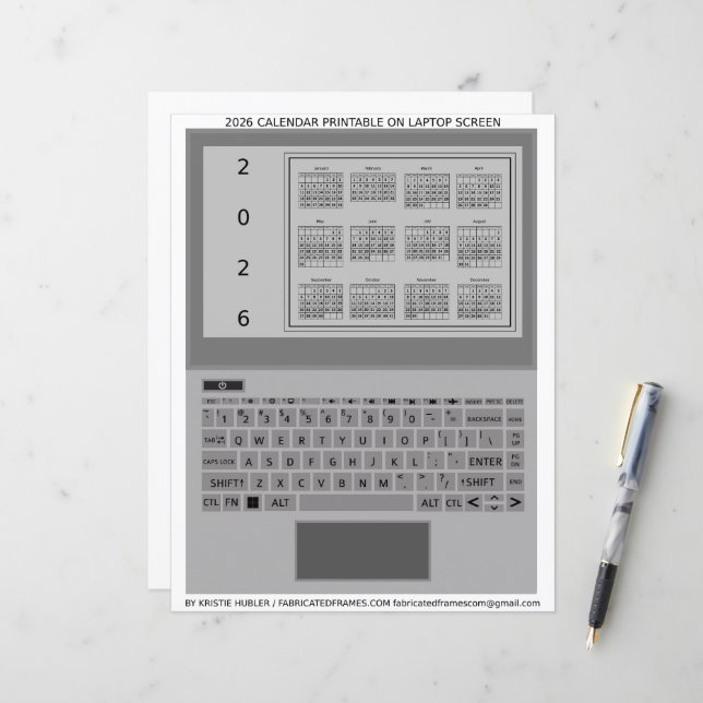 Silver Laptop Keys 2026 Calendar Black Paper Sheet (Vorderseite/Rückseite Beispiel)