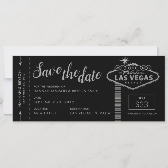 Silver Las Vegas Boarding Pass Save the Date Karte (Vorderseite)