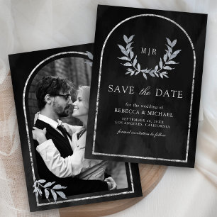 Silver Laurel Wreath Blätter Charcoal Gray Wedding Save The Date