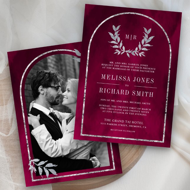 Silver Laurel Wreath Blätter Fuchsia Pink Wedding Einladung (Von Creator hochgeladen)