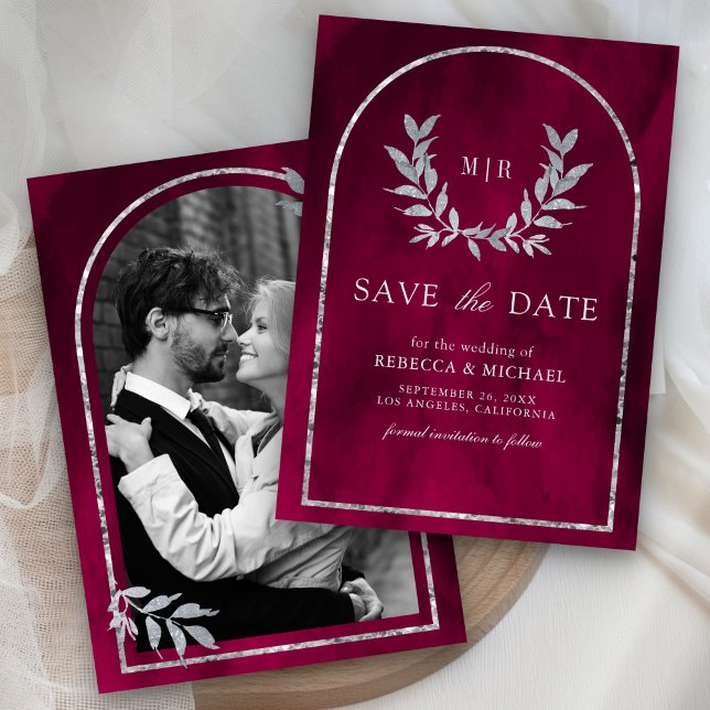 Silver Laurel Wreath Blätter Fuchsia Pink Wedding Save The Date (Von Creator hochgeladen)