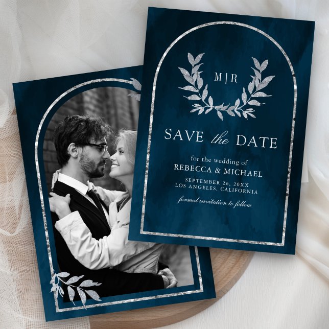 Silver Laurel Wreath Blätter Ocean Blue Wedding Save The Date (Von Creator hochgeladen)