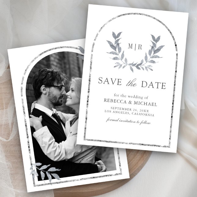 Silver Laurel Wreath Blätter White Wedding Save The Date (Von Creator hochgeladen)