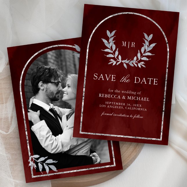 Silver Laurel Wreath Verlasst Burgundy Red Wedding Save The Date (Von Creator hochgeladen)