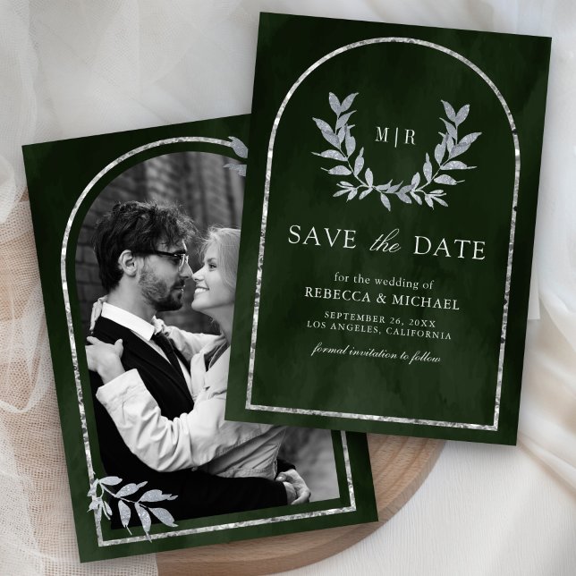 Silver Laurel Wreath Verlasst Olive Green Wedding Save The Date (Von Creator hochgeladen)