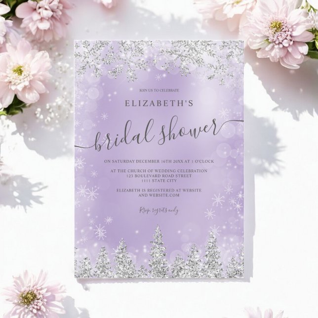 Silver Lavendel Schneekiefer WinterBrautparty Einladung (Silver lavender snow pine winter bridal shower invitation)