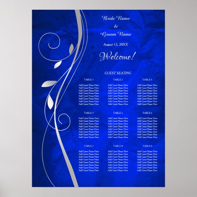 Silver Leaf Bright Blue Wedding Chart Poster (Vorne)