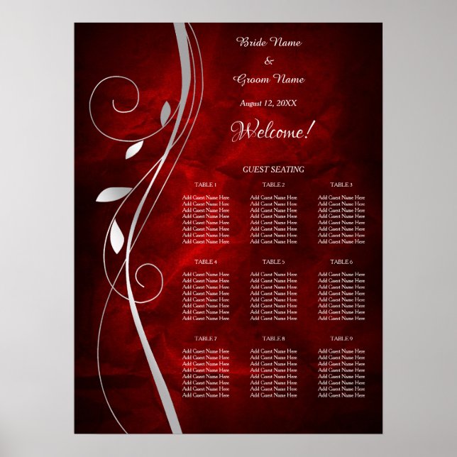 Silver Leaf Deep Red Wedding Chart Poster (Vorne)