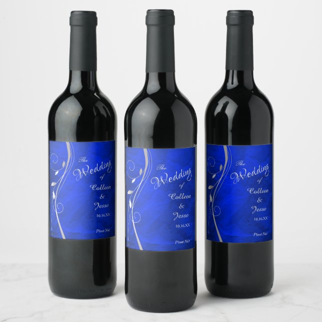 Silver Leaf Swirl Bright Blue Wedding Wine Label Weinetikett (Flaschen)