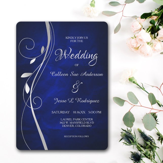 Silver Leaf Swirl Deep Blue Wedding Einladung (Von Creator hochgeladen)