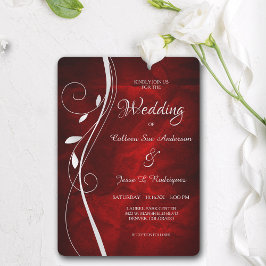 Silver Leaf Swirl Deep Red Wedding Einladung