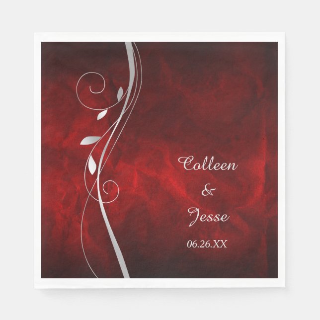 Silver Leaf Swirl Deep Red Wedding Napkins Serviette (Vorderseite)