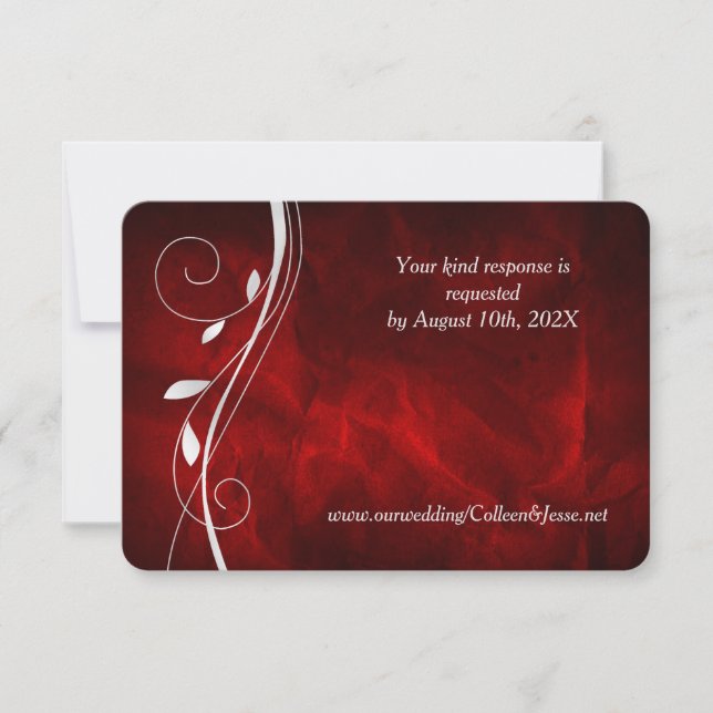 Silver Leaf Swirl Deep Red Wedding RSVP Card Karte (Vorderseite)