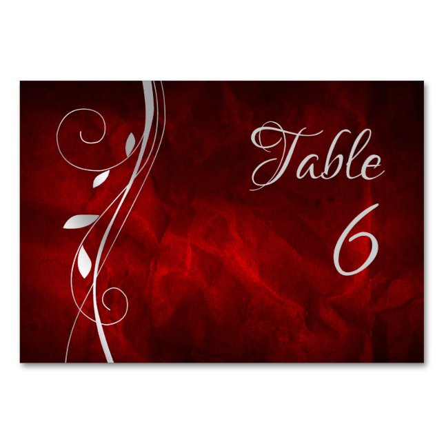 Silver Leaf Swirl Deep Red Wedding Tischnummer (Vorderseite)