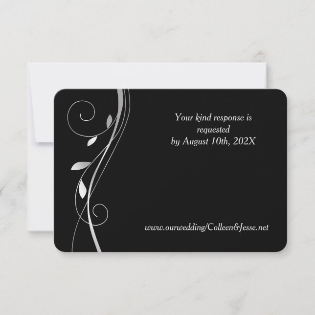 Silver Leaf Swirl Elegante Black Wedding RSVP Kart (Vorderseite)