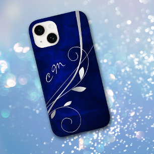 Silver Leaf Swirl Royal Blue Monogram Case-Mate iPhone 14 Hülle