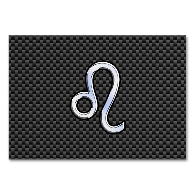 Silver Leo Zodiac Symbol auf Carbon Fibre Print Tischnummer (Vorderseite)