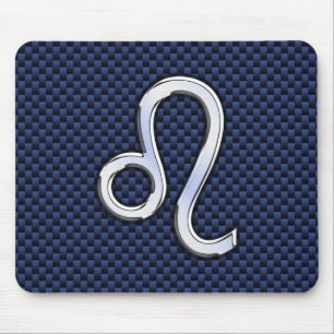 Silver Leo Zodiac Symbol Navy Carbon Fibre Print Mousepad