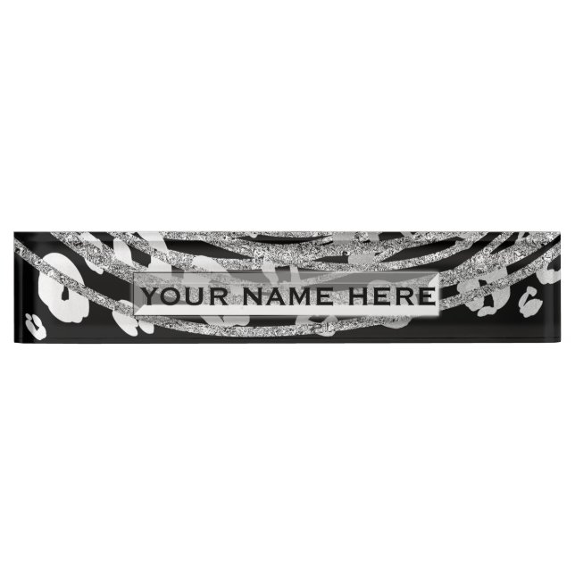 Silver Leopard Cheetah Trendy Glam Personalisiert Namensplakette (Vorderseite)