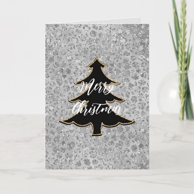 Silver Leopard Frohe Weihnachtsbaum Karte (Vorderseite)
