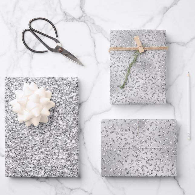 Silver Leopard Print Luxe Glitzer       Geschenkpapier Set (Vorderseite)