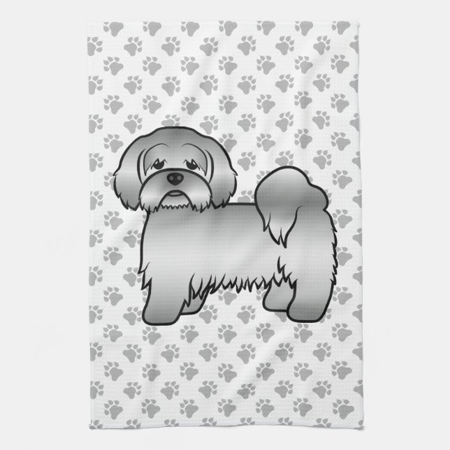 Silver Lhasa Apso Niedlich Cartoon Dog Illustratio Geschirrtuch (Vertikal)