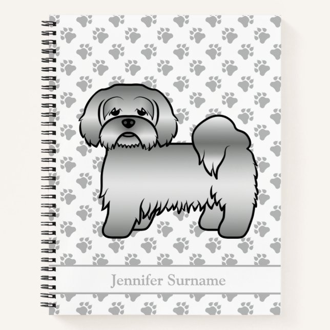 Silver Lhasa Apso Niedlich Cartoon Dog & Name Notizbuch (Vorderseite)
