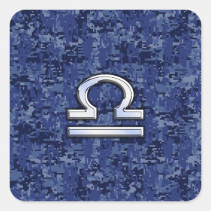Silver Libra Zodiac Sign auf blauer digitaler Camo Quadratischer Aufkleber