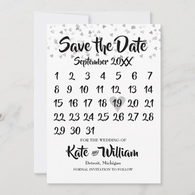 Silver Liebe Hört Confetti Kalender Save the Date (Vorderseite)