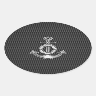Silver Lifesaver Anker auf schwarzem Kohlenstofffa Ovaler Aufkleber