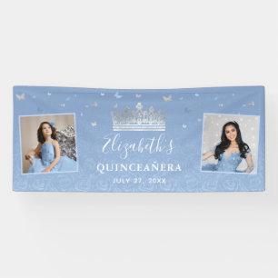Silver Light Baby Blue Foto Birthday Quinceanera Banner